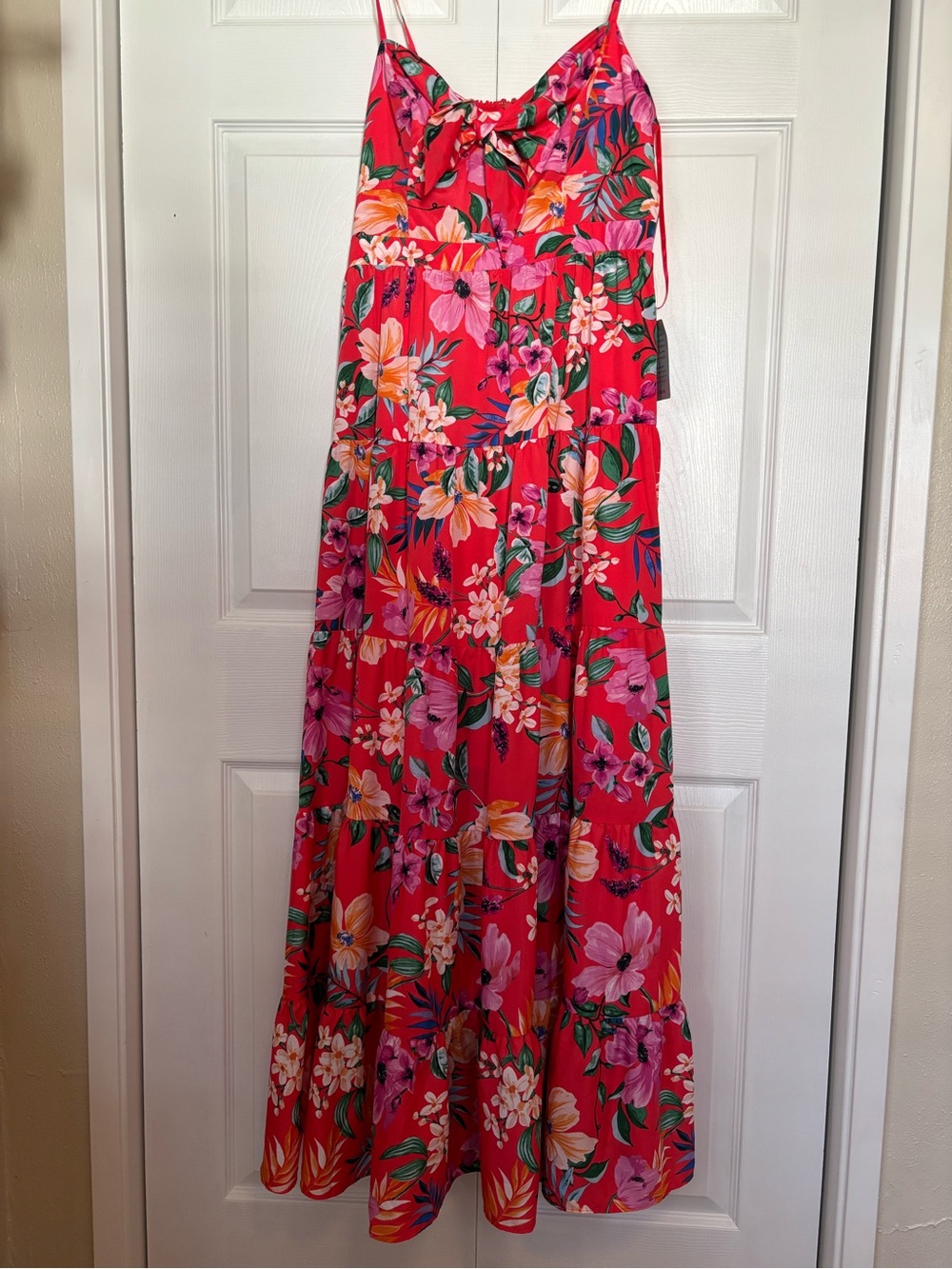 Eliza J Coral-Red Tropical Floral Tiered Maxi Dress